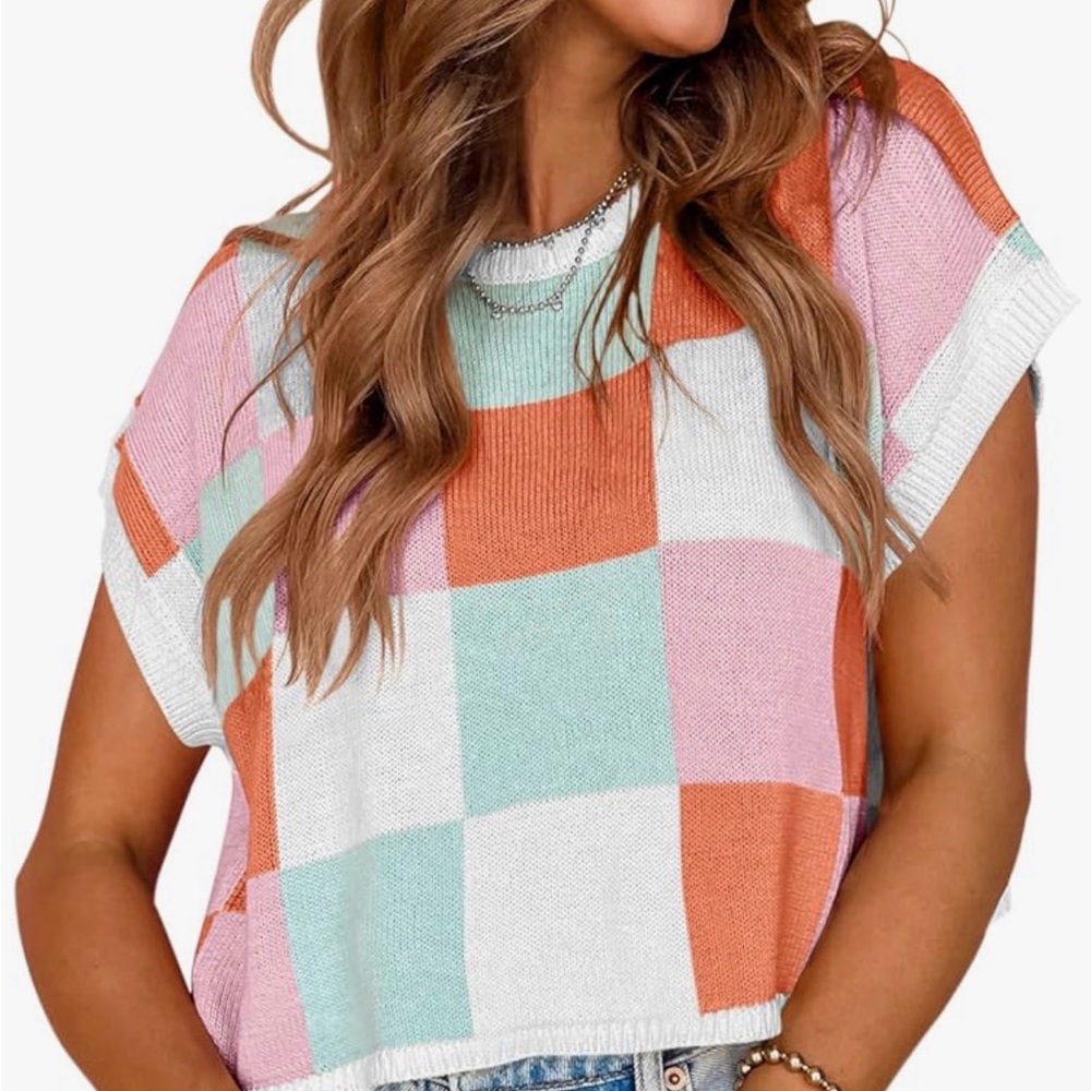 Colorblock Short Sleeve Knit Top in Coral, Mint & Pink